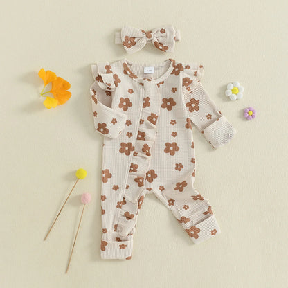 Ensemble bébé fille 2 pièces : combinaison florale à manches longues + bandeau .