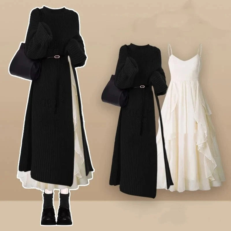 Ensemble femme 2 pièces robe à bretelles et pull fendu