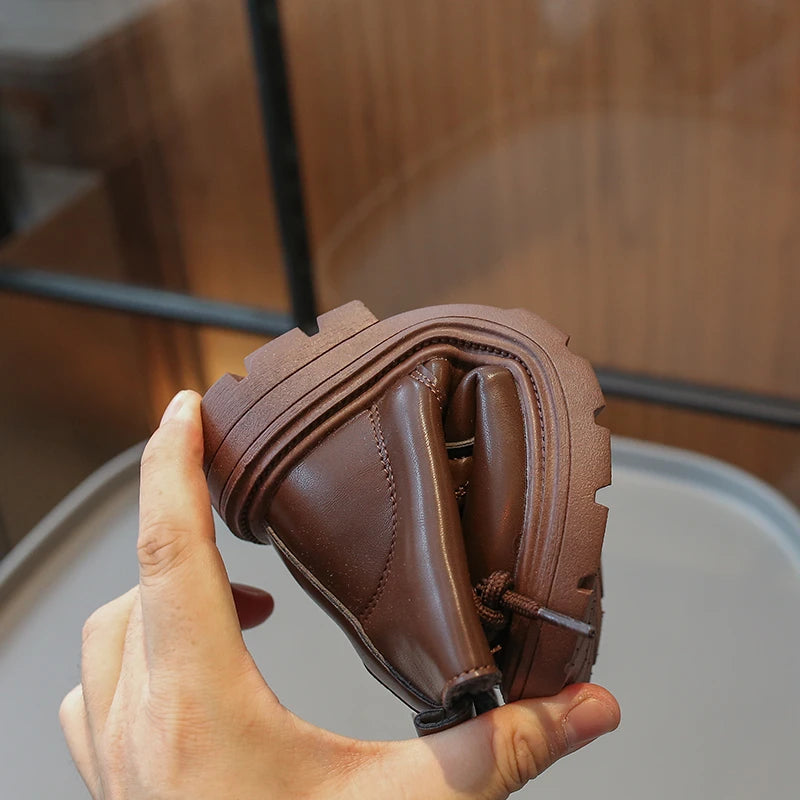 Bottes Enfant Cuir Hiver Chaudes Polaire – Marron Noir Velours Extérieur