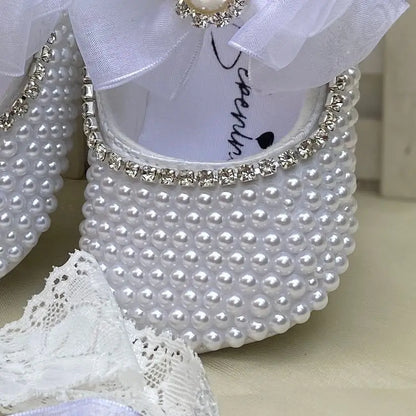 Chaussures bébé blanches à perles et strass, fait main, baptême 0-3m