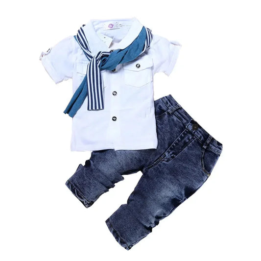 Ensemble été garçon 2-7 ans: haut coton manches courtes, jean et écharpe.