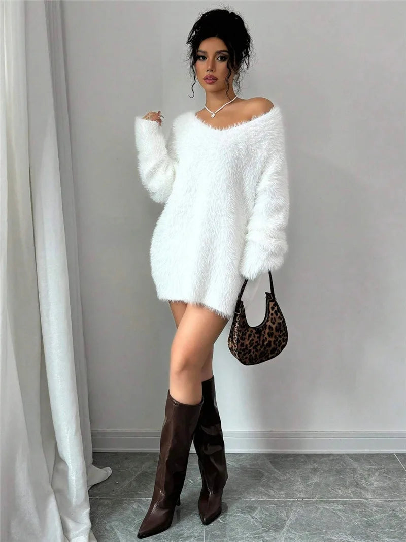 Robe en peluche femme manches longues col rond hiver