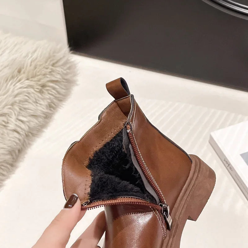 Bottes Courtes Fille – Bottines Basses en Cuir et Coton, Style Britannique Tendance, Chaudes et Confortables Automne Hiver