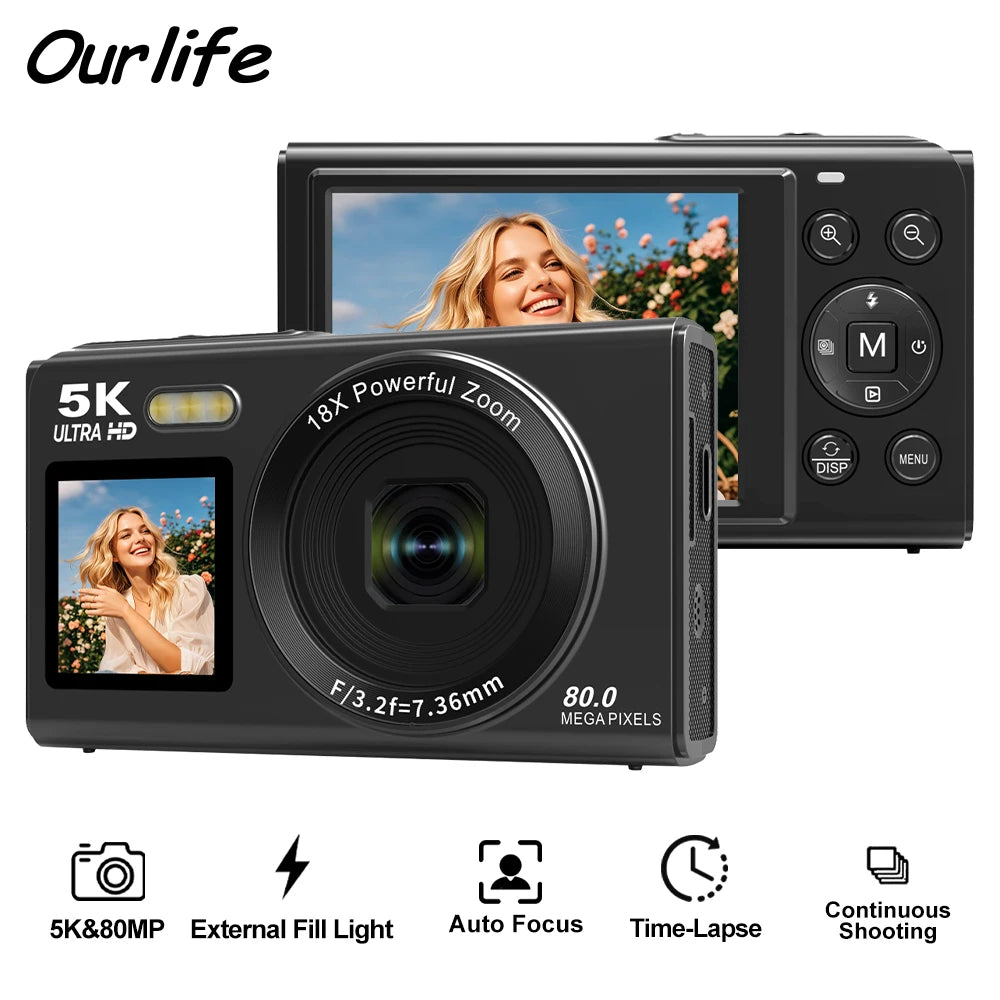 Caméra Vlog Ourlife 5K – Appareil Photo Numérique Double Écran, Zoom 18X, Capteur 80MP, Idéal pour YouTube, Selfie et Voyage