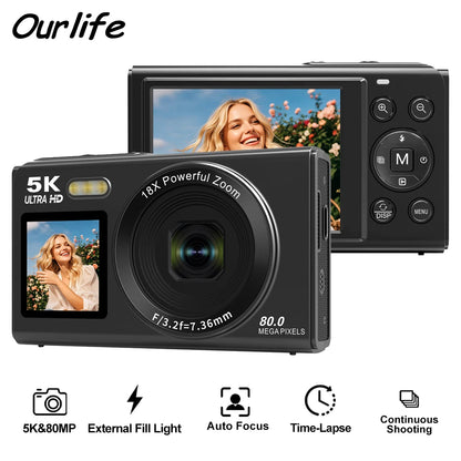 Caméra Vlog Ourlife 5K – Appareil Photo Numérique Double Écran, Zoom 18X, Capteur 80MP, Idéal pour YouTube, Selfie et Voyage