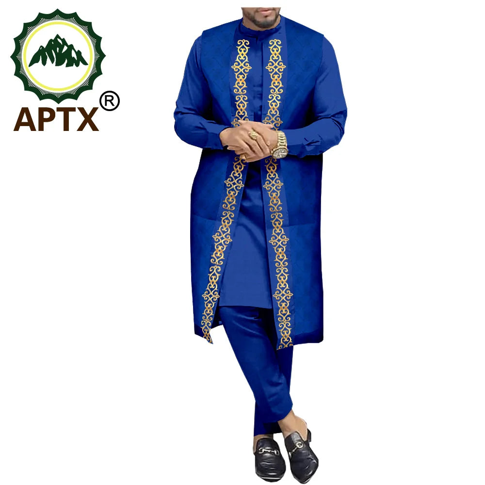 APTX Ensemble africain homme 3 pièces – Chemise et pantalon jacquard, tenue traditionnelle mariage et fête