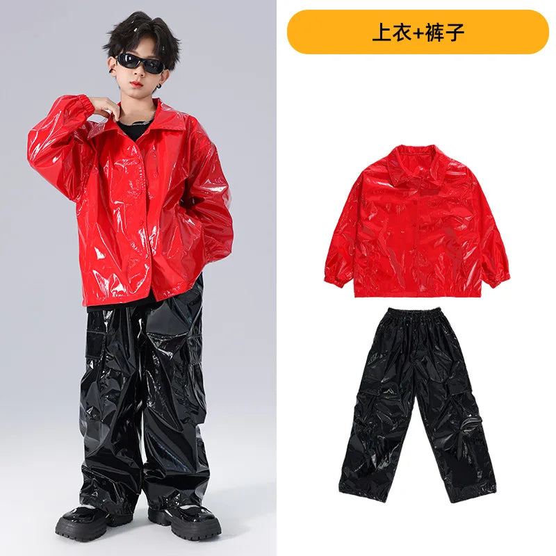Costume Danse Jazz Garçon Filles, Pantalon Cuir Brillant Rouge, Streetwear Hip Hop Scène .