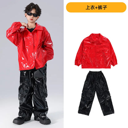 Costume Danse Jazz Garçon Filles, Pantalon Cuir Brillant Rouge, Streetwear Hip Hop Scène .