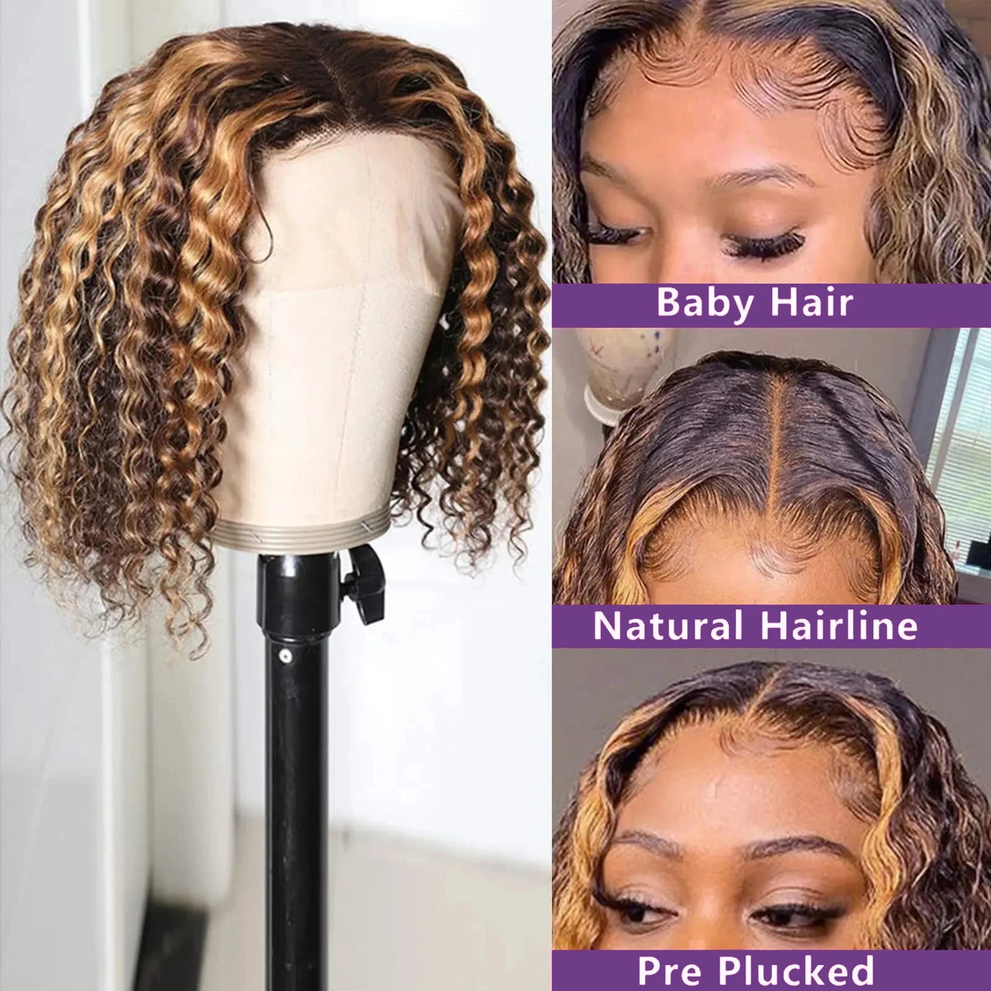 Perruque Bob Lace Frontal 13x4 – Cheveux Brésiliens Naturels Deep Wave, Courts Bouclés, Couleur Ombrée à Reflets .