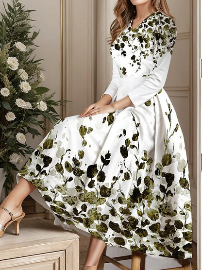 Robe élégante femme vintage, longue à fleurs, manches longues, col en V, automne-hiver .