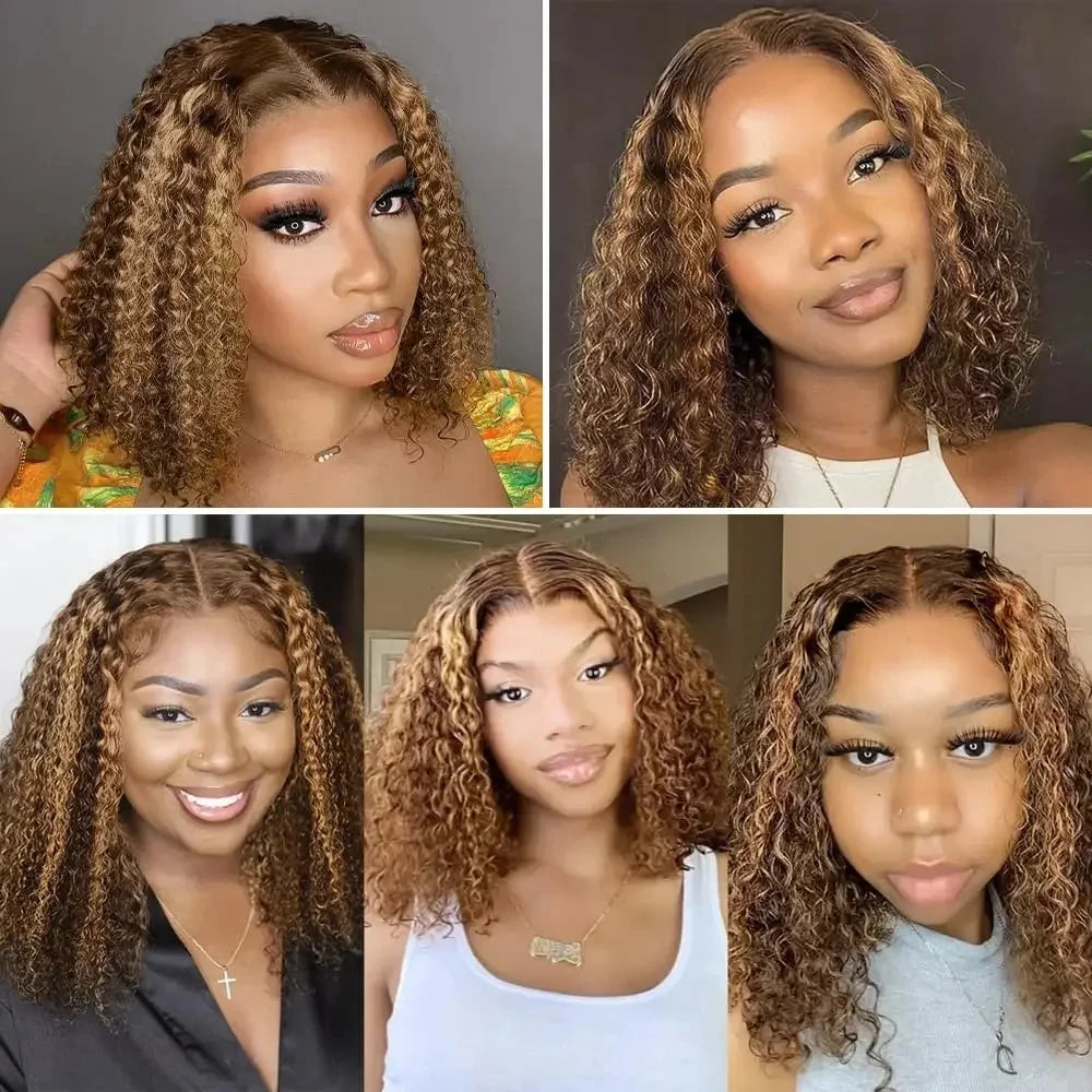 Perruque Bob Lace Frontal 13x4 – Cheveux Brésiliens Naturels Deep Wave, Courts Bouclés, Couleur Ombrée à Reflets .