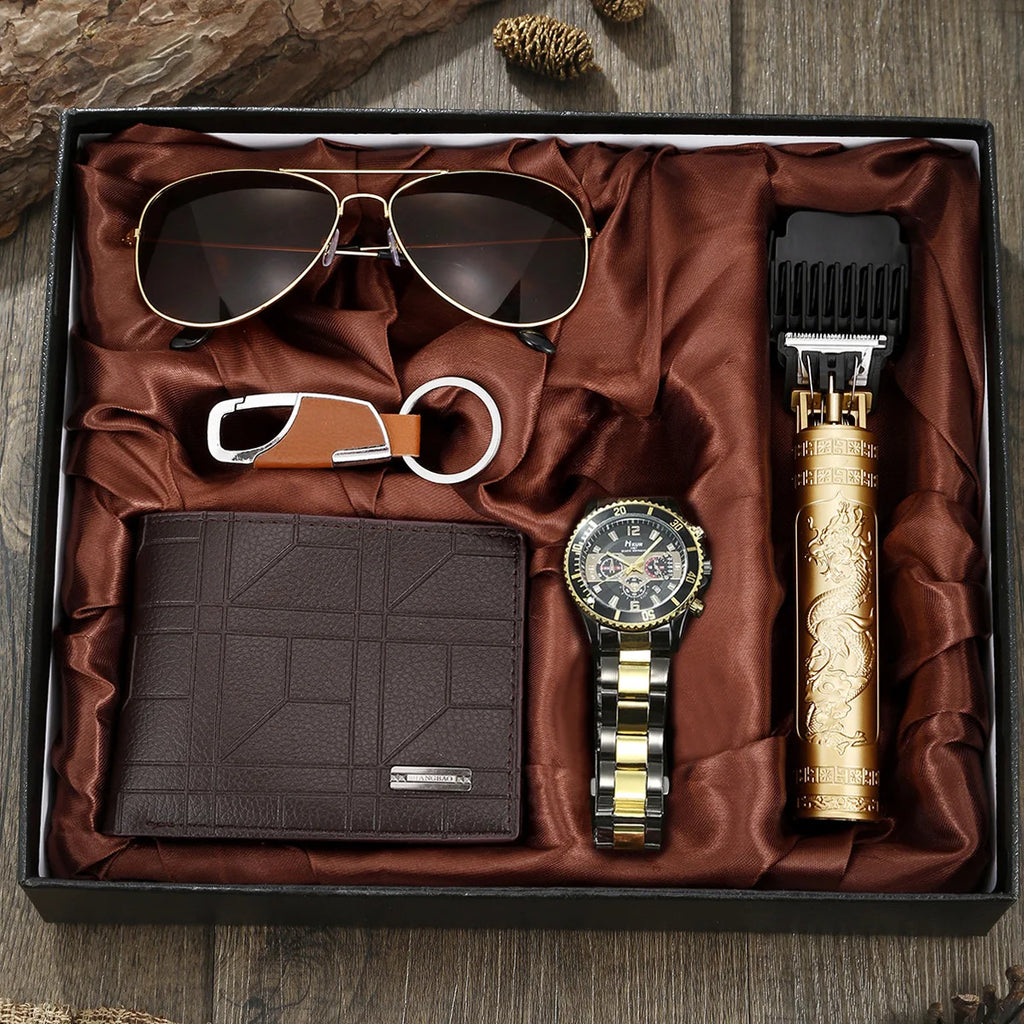 Coffret homme élégant – Montre, accessoires : portefeuille, ceinture, lunettes, porte-clés, tondeuse, cadeau luxe