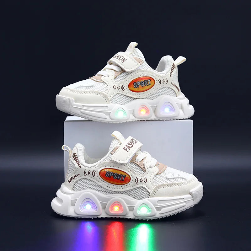 Baskets enfants cuir PU LED, été, respirantes, antidérapantes, taille 21-30, bleu/blanc/rose