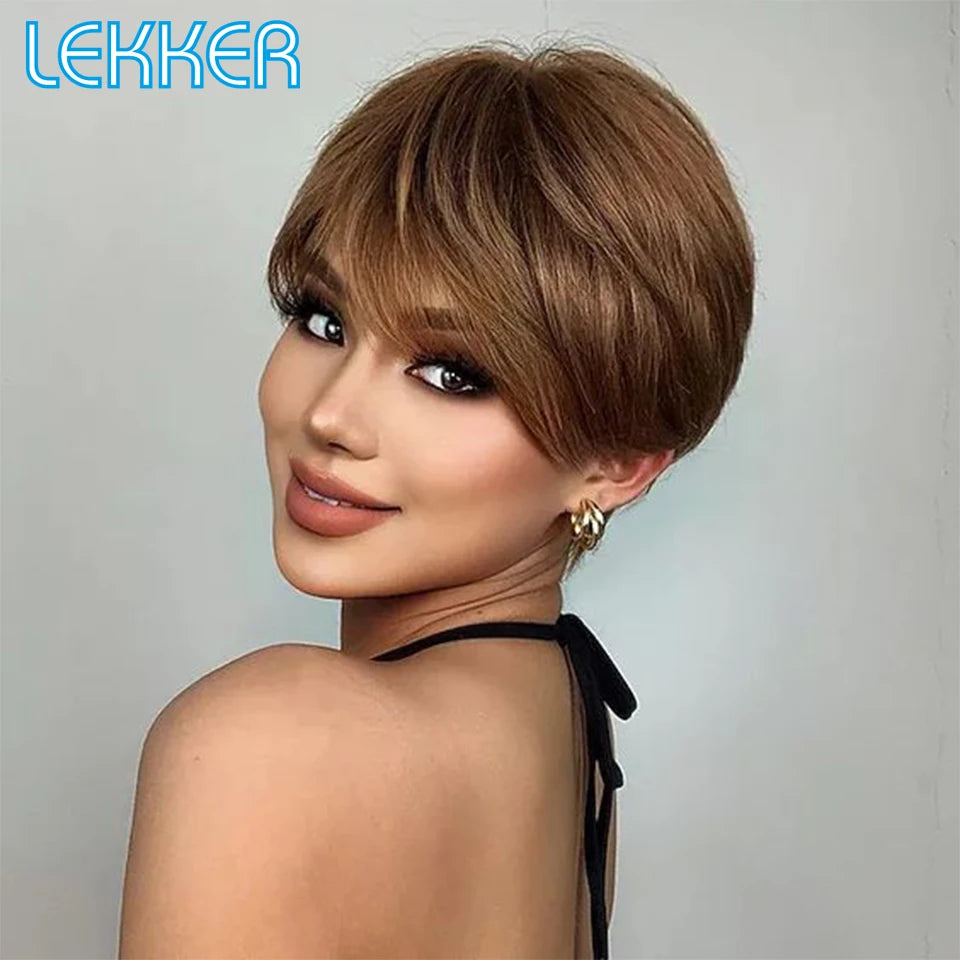 Perruque courte brune lutin Bob droite, 100% cheveux humains brésiliens Remy, avec frange .