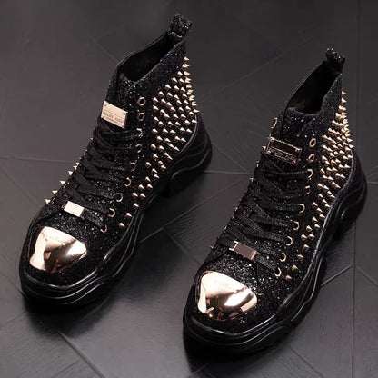 Bottes à rivets de luxe pour hommes – Baskets créateur punk or rouge
