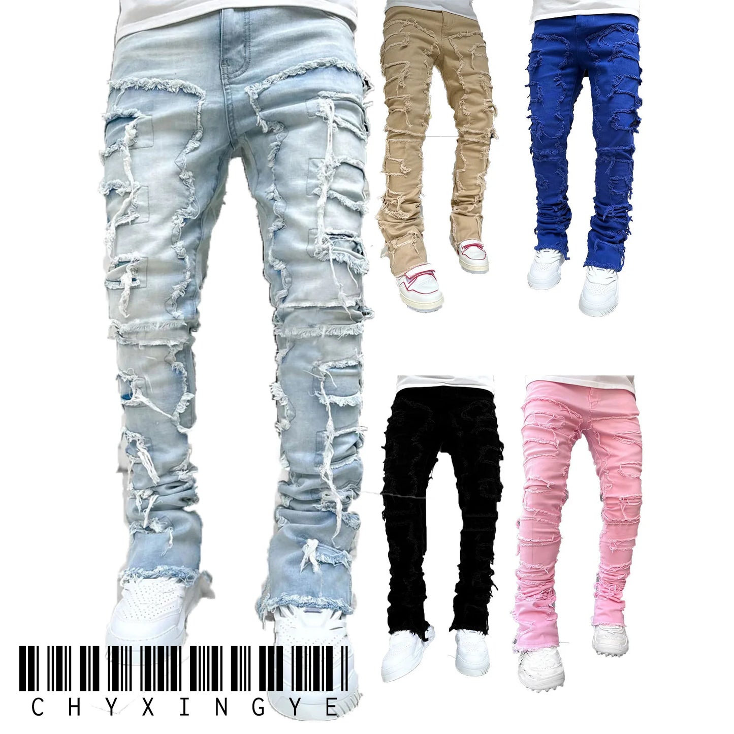 Jean empilé coupe régulière pour hommes, déchiré, Slim Fit, Patch, pantalon en Denim droit détruit, Hip Hop, Streetwear, tissu de pantalon .