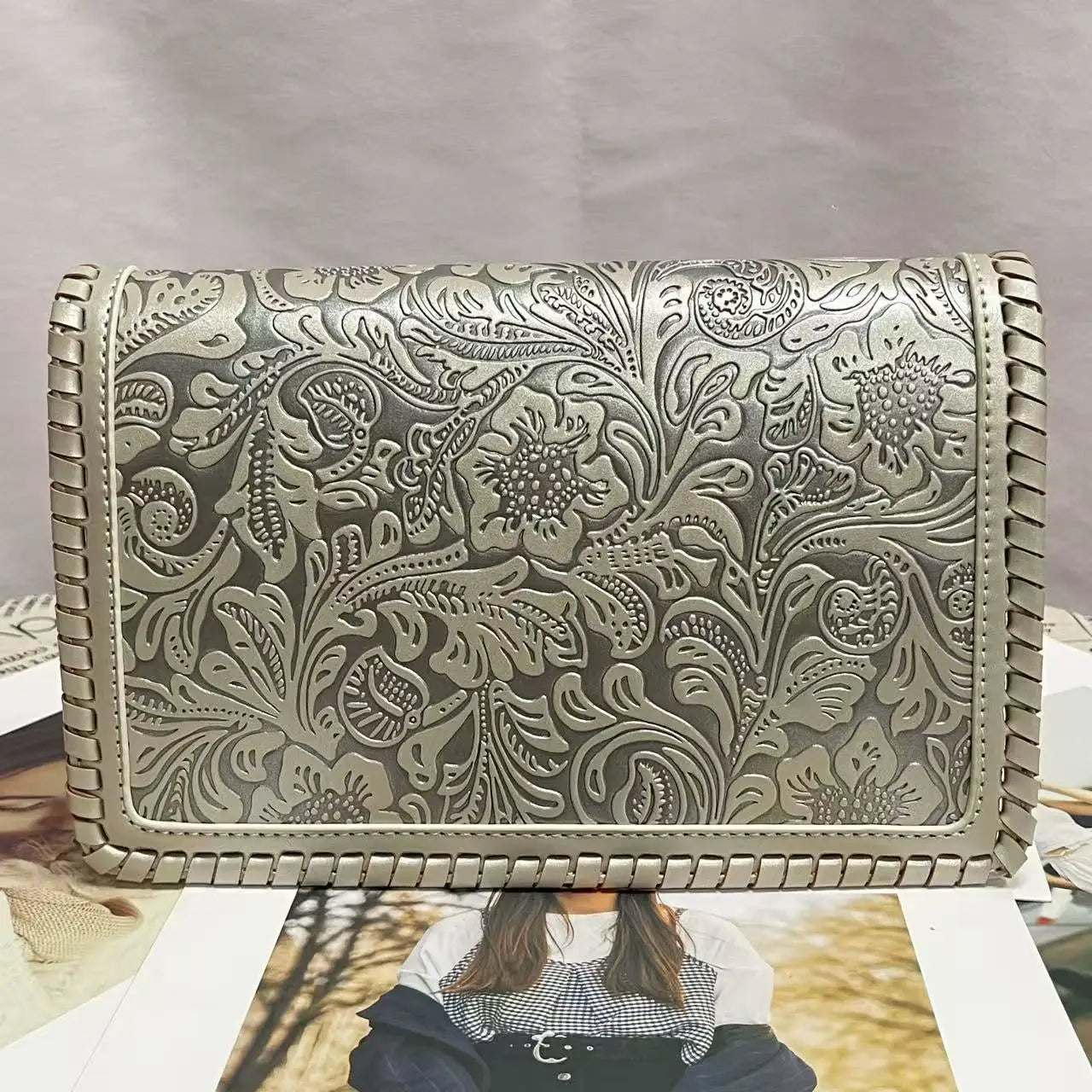 Sac à main femme rétro cuir PU doux – Petit sac de luxe avec imprimé argent élégant banlieue collection