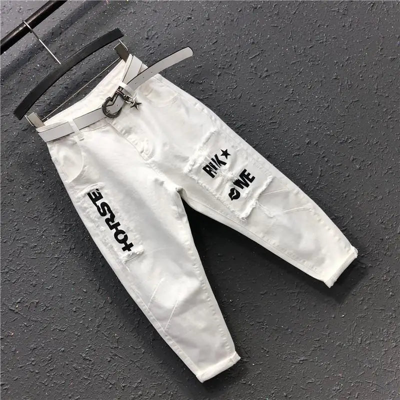 Pantalon Harlan en denim court avec poches, taille haute, lettre plaquée, minimaliste, tendance européenne, décontracté, nouveau, printemps, été