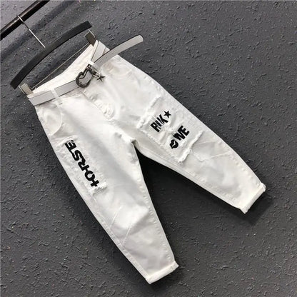 Pantalon Harlan en denim court avec poches, taille haute, lettre plaquée, minimaliste, tendance européenne, décontracté, nouveau, printemps, été