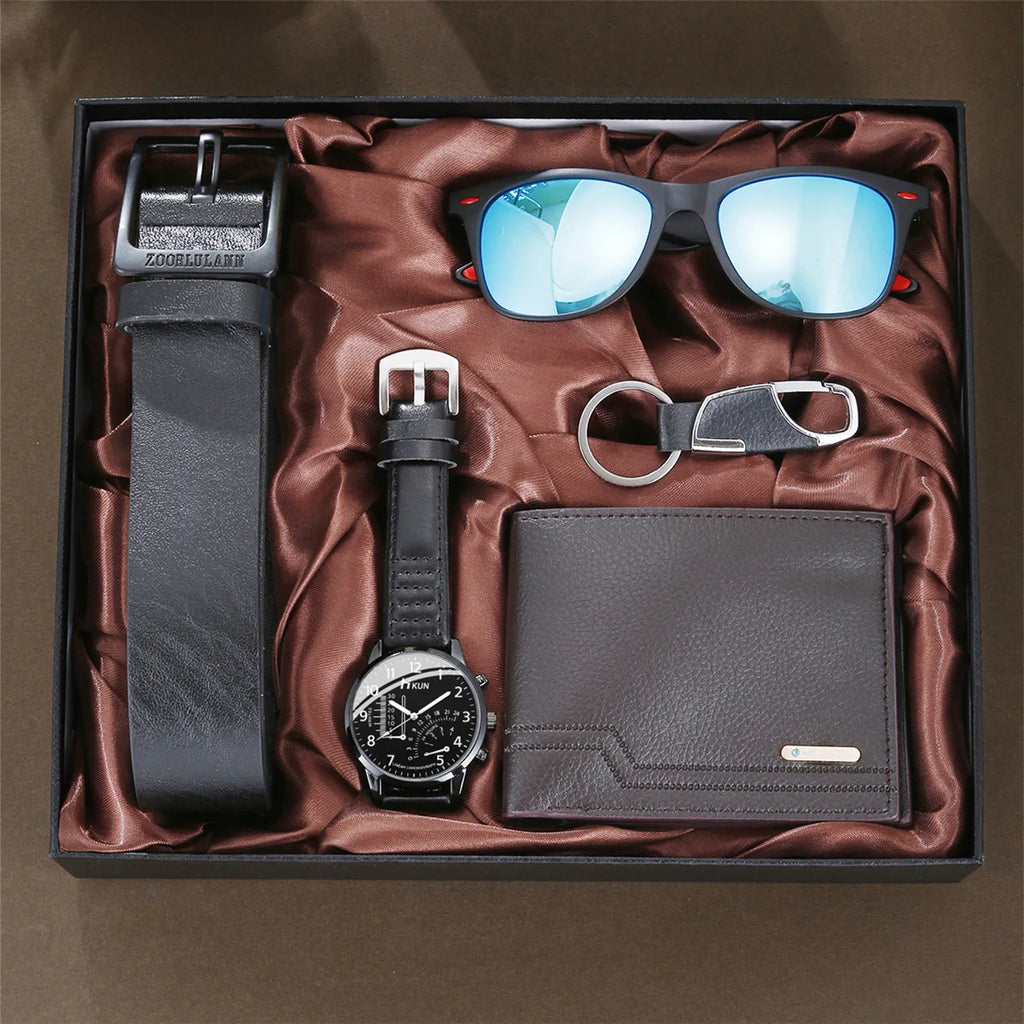 Coffret homme élégant – Montre, accessoires : portefeuille, ceinture, lunettes, porte-clés, tondeuse, cadeau luxe