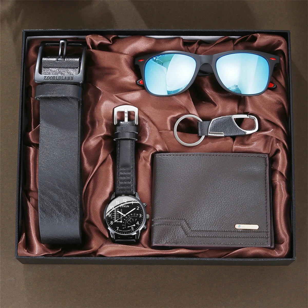 Coffret homme élégant – Montre, accessoires : portefeuille, ceinture, lunettes, porte-clés, tondeuse, cadeau luxe