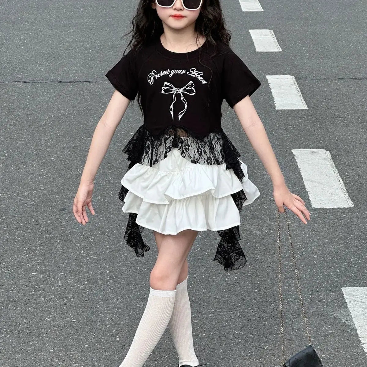 Ensemble été fille 2-10 ans : haut + jupe, costume princesse élégant, nouvelle collection  .