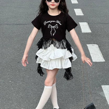 Ensemble été fille 2-10 ans : haut + jupe, costume princesse élégant, nouvelle collection  .