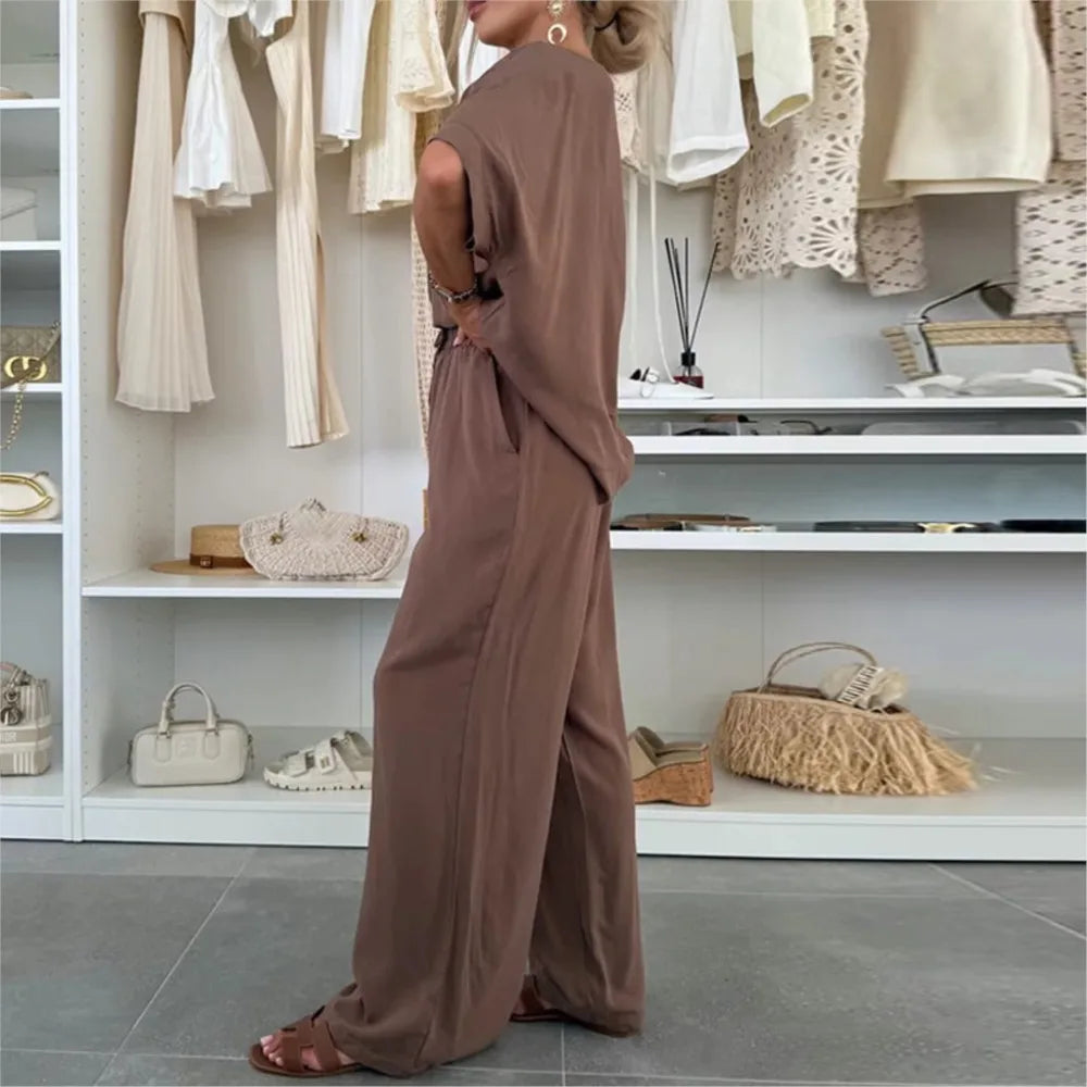 Ensemble Femme 2 Pièces Été – Col Rond à Lacets & Pantalon Décontracté, Couleur Unie Tendance