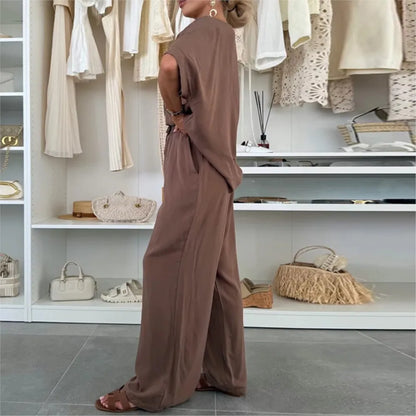 Ensemble Femme 2 Pièces Été – Col Rond à Lacets & Pantalon Décontracté, Couleur Unie Tendance