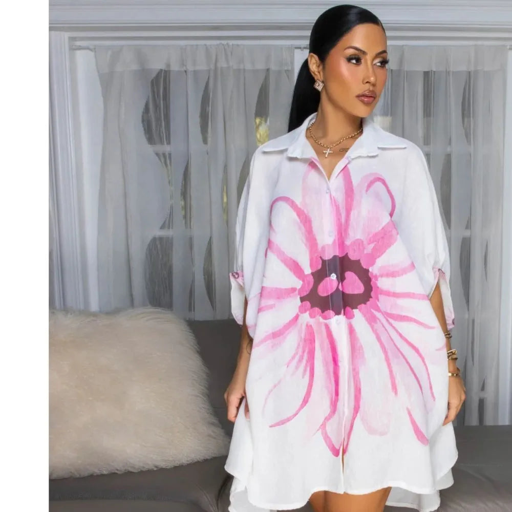 Robe Élégante Femme – Chemise d’Été Imprimée à Revers, Dos Court & Coupe Décontractée Chic