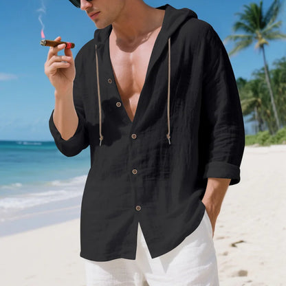 Chemise Homme Lin Ample – Manches Longues, Cardigan Capuche décontractée, Tendance Plage, Automne
