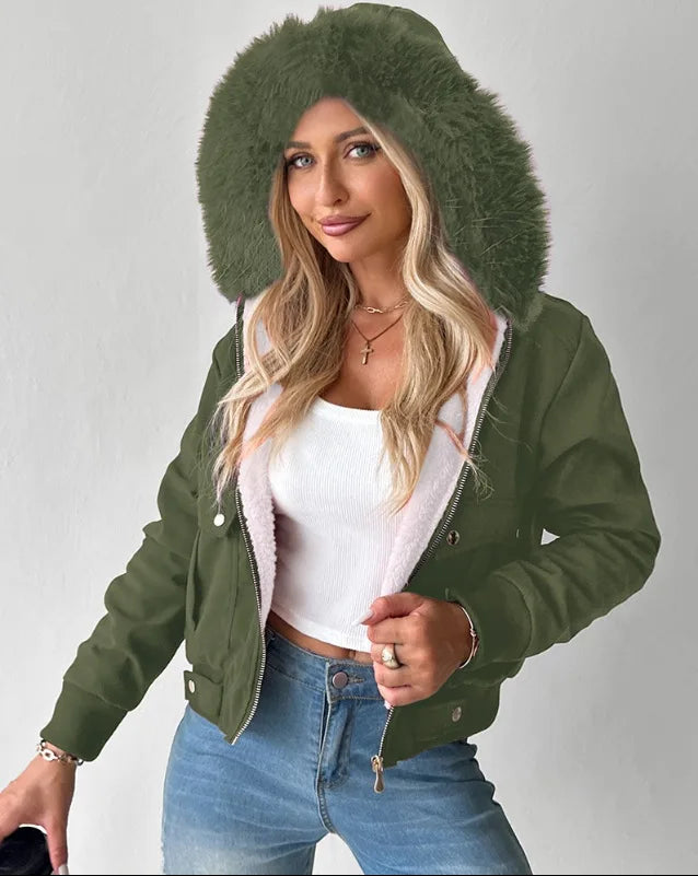 Sweat à Capuche Femme Hiver Vintage avec Col en Fourrure – Style Streetwear décontracté