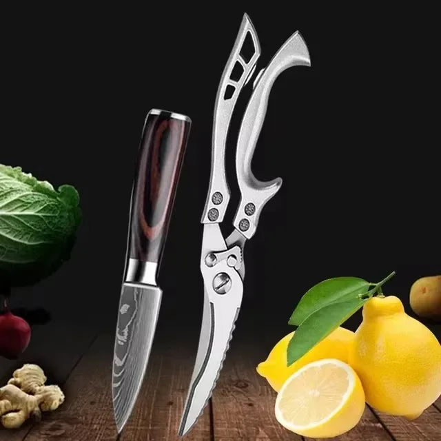 Couteau de cuisine laser Damas Aleaver, ustensile pour viande et fruits, couteau à désosser, ciseaux opaques jetables