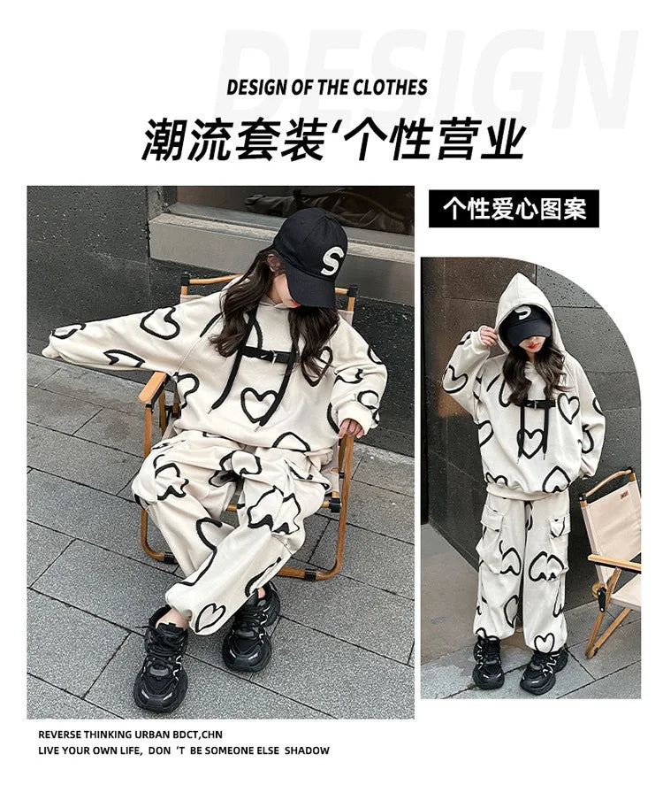 Ensemble survêtement fille 5-12 ans, sweat à capuche et pantalon, automne-hiver .