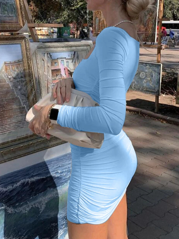 Robe moulante femme – mini, col carré, manches longues, unie, sexy soirée/club