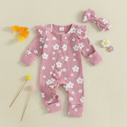 Ensemble bébé fille 2 pièces : combinaison florale à manches longues + bandeau .