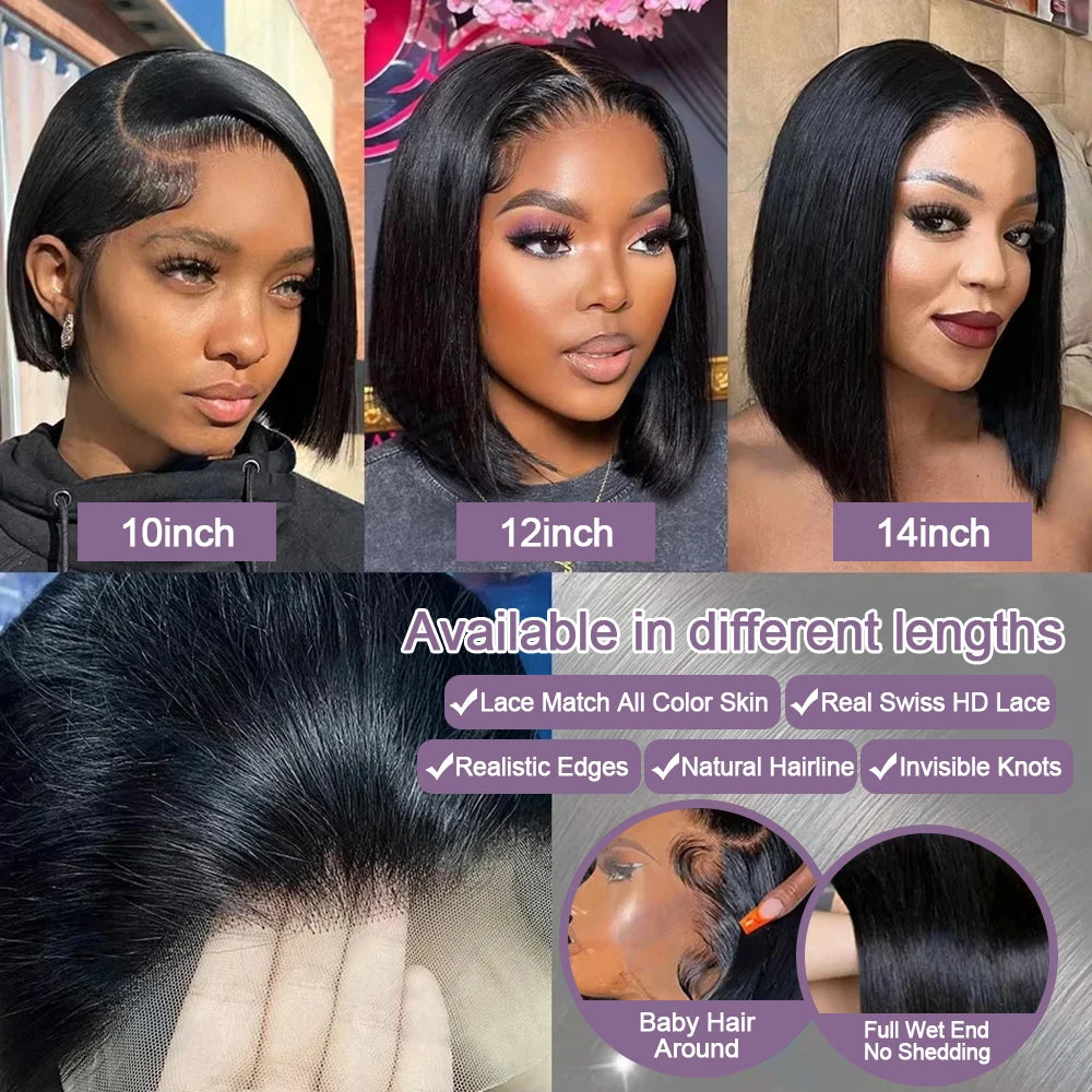 Bob Court 100% Cheveux Humains – Perruque Sans Colle HD Demi Dentelle Frontale 13x6, Tressée Os Droit Vietnamienne, Multi Séparation, Pré-Coupée Prêt à Porter