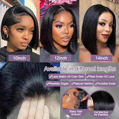 Bob Court 100% Cheveux Humains – Perruque Sans Colle HD Demi Dentelle Frontale 13x6, Tressée Os Droit Vietnamienne, Multi Séparation, Pré-Coupée Prêt à Porter