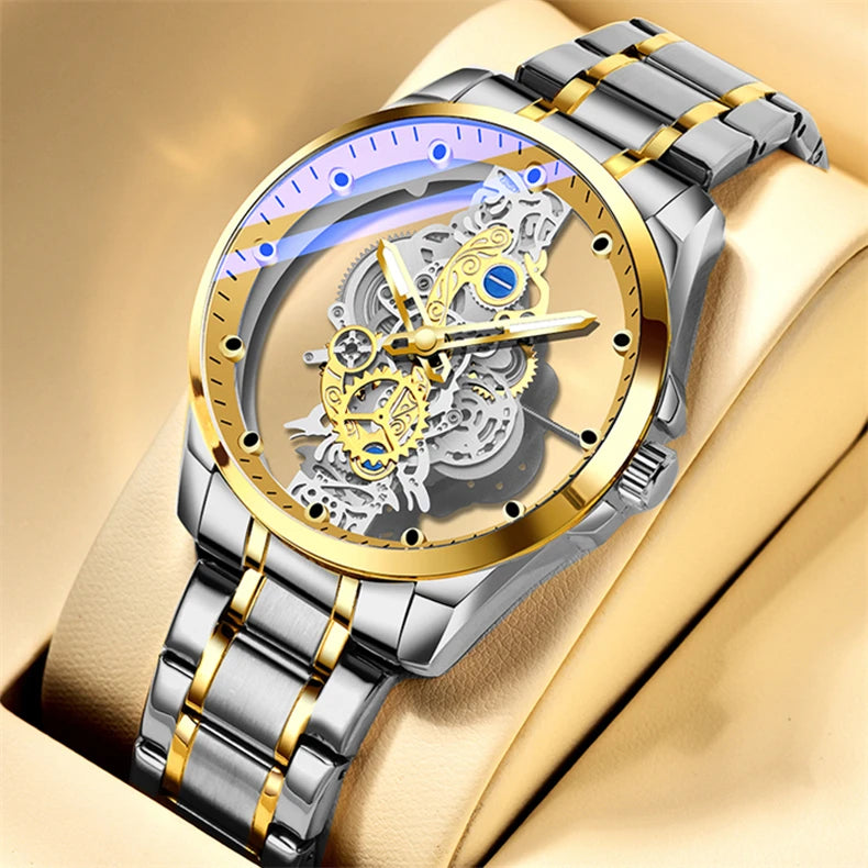 Montre homme quartz squelette doré rétro luxe .