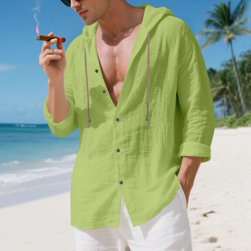 Chemise Homme Lin Ample – Manches Longues, Cardigan Capuche décontractée, Tendance Plage, Automne