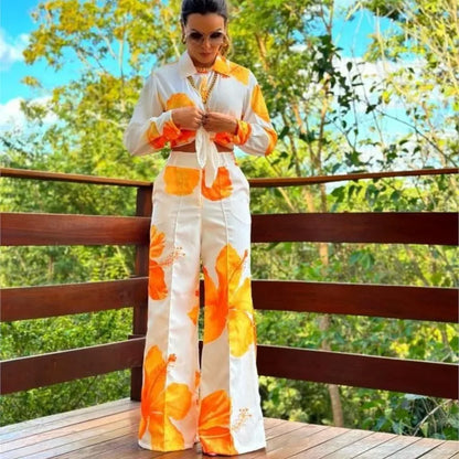 Tenue Vacances Femme – Ensemble 2 Pièces Ample, Chemise Imprimée & Pantalon Large Tendance