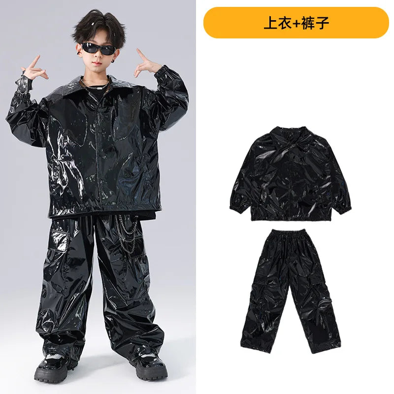 Costume Danse Jazz Garçon Filles, Pantalon Cuir Brillant Rouge, Streetwear Hip Hop Scène .