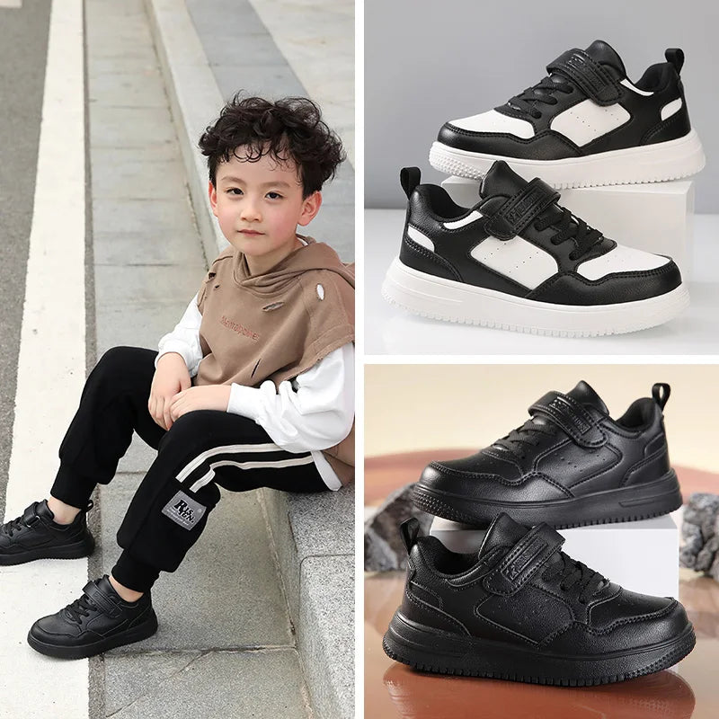 Chaussures de Marche Enfant – Plates en Cuir Noir, Légères, Garçon/Fille