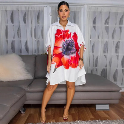 Robe Élégante Femme – Chemise d’Été Imprimée à Revers, Dos Court & Coupe Décontractée Chic