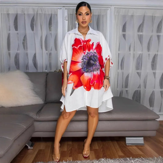 Robe Élégante Femme – Chemise d’Été Imprimée à Revers, Dos Court & Coupe Décontractée Chic