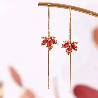 Boucles Oreilles Feuille Érable Rouge Vintage Cristal