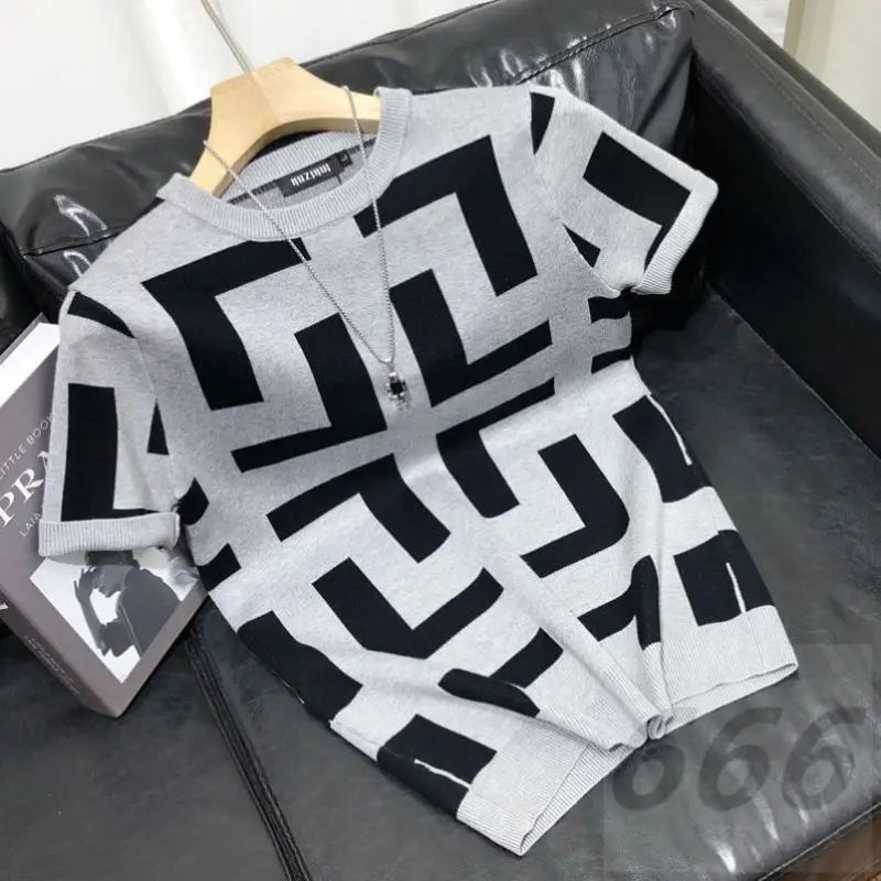 T-shirt Ice Inj à manches courtes, col rond, design haut de gamme avec imprimé géométrique, parfait pour un style casual estival, nouveau modèle