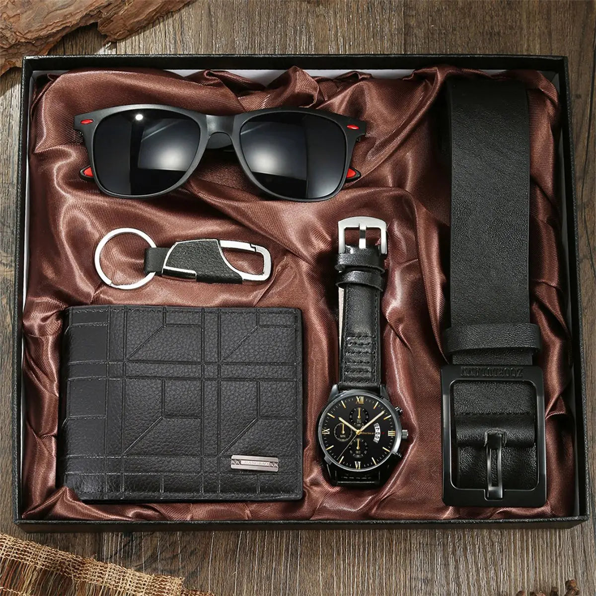 Coffret homme élégant – Montre, accessoires : portefeuille, ceinture, lunettes, porte-clés, tondeuse, cadeau luxe