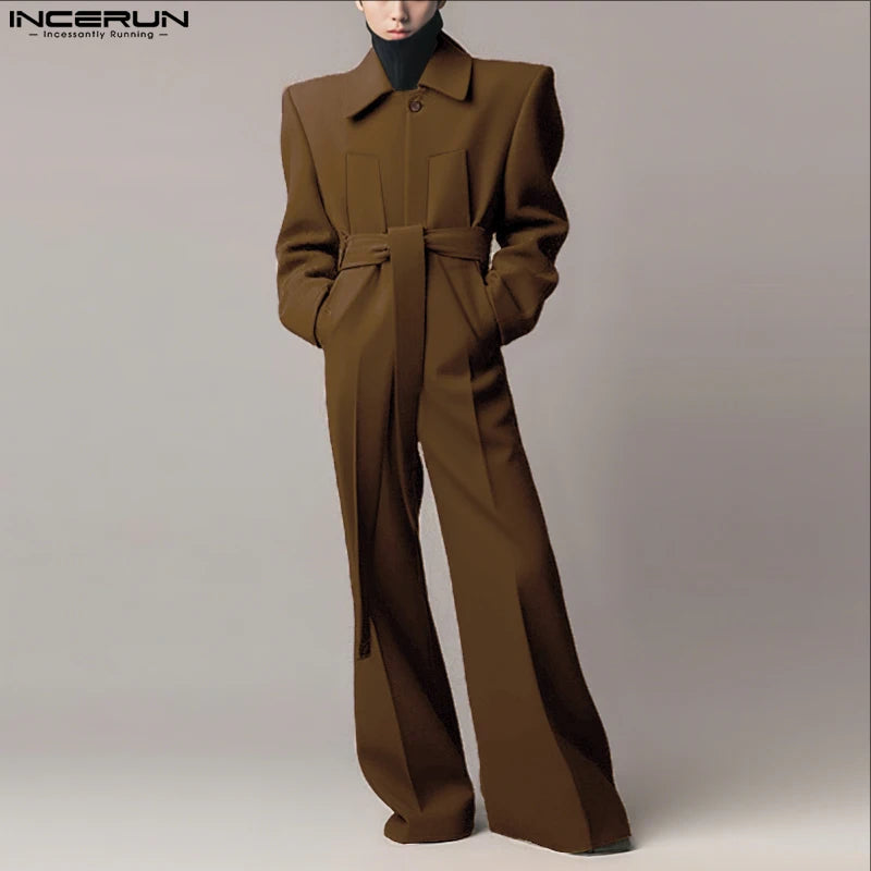 Salopette homme INCERUN  couleur unie à manches longues revers, jambe large – Combinaison ample streetwear décontracté S-5XL