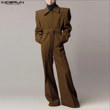 Salopette homme INCERUN  couleur unie à manches longues revers, jambe large – Combinaison ample streetwear décontracté S-5XL